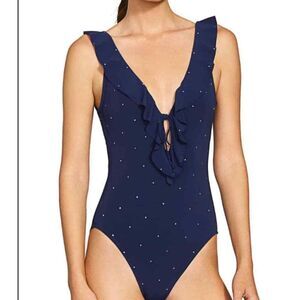 Robin Piccone Jennie Plunge Polka Dot One Piece Swimsuit Navy Blue Women's Sz 12
